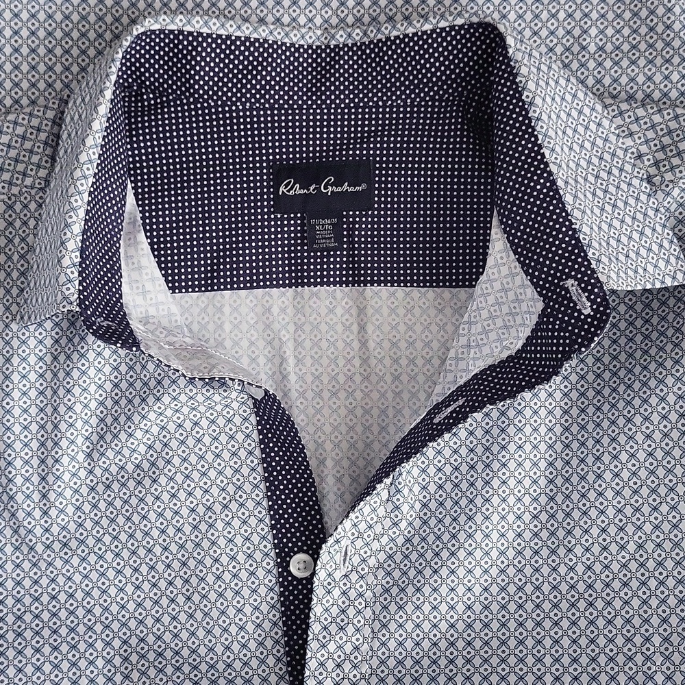 Robert Graham Classic Fit Shirt XL - Blue Geometric Print with Contrast Cuffs